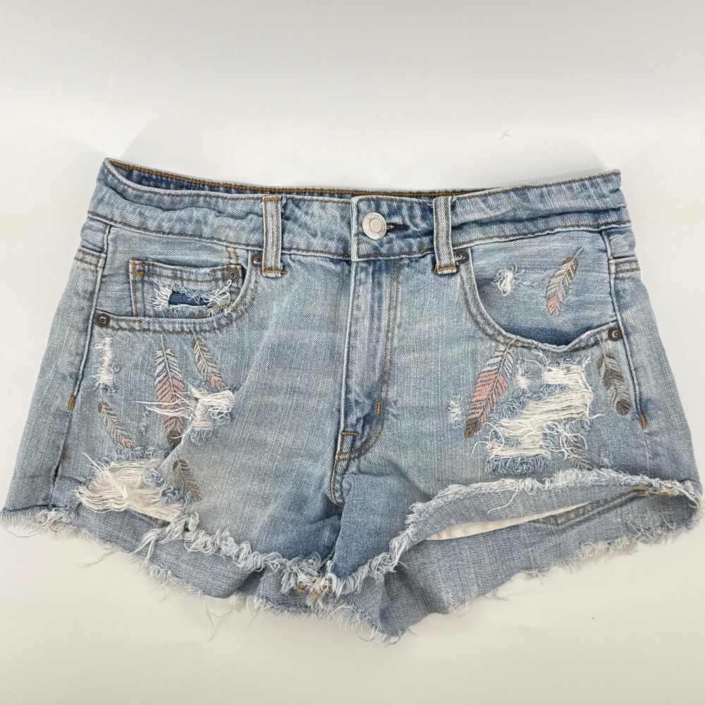 American Eagle Feather Embroidered Shorts Womens 6 Hi Rise Distressed Denim